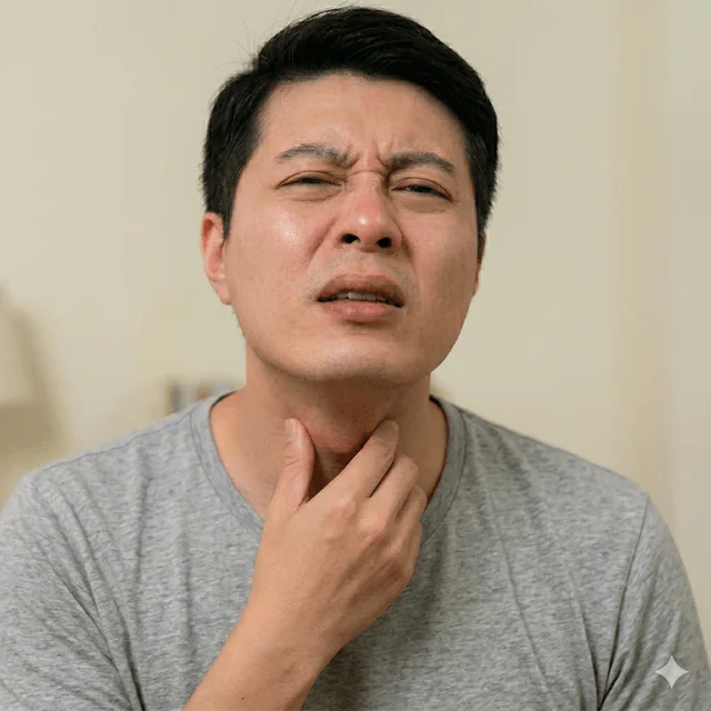 鼻涕倒流症狀示意圖：喉嚨卡痰、持續異物感