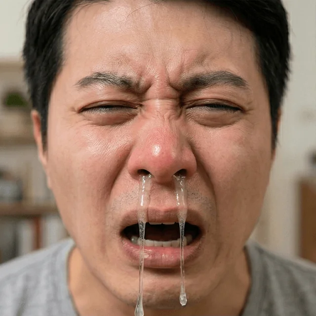 嚴重鼻過敏症狀示意圖：鼻水、噴嚏、鼻涕倒流