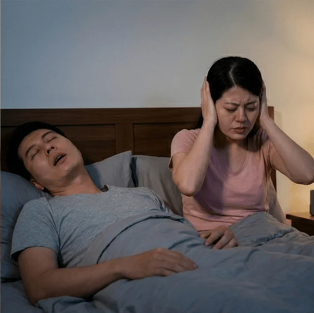 打鼾與睡眠呼吸中止症狀示意圖：鼾聲影響家人